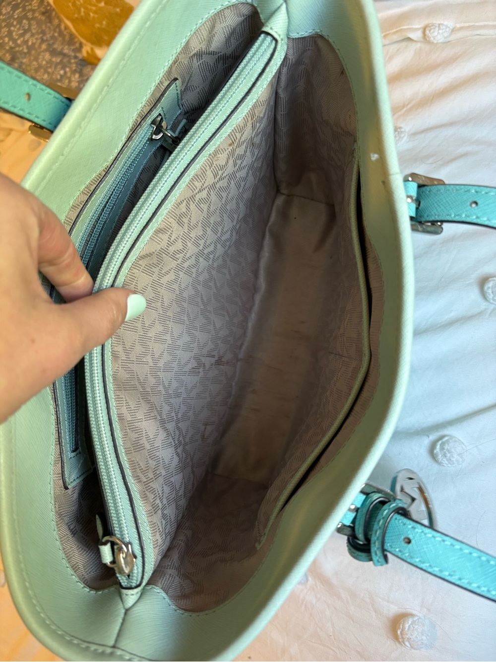 Michael Kors Two-Tone Aqua & Light Teal Leather Tote - Picture 6 of 8